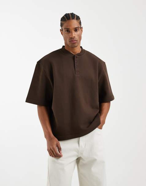 ASOS DESIGN relaxed henley with 3/4 sleeve in brown - view 1