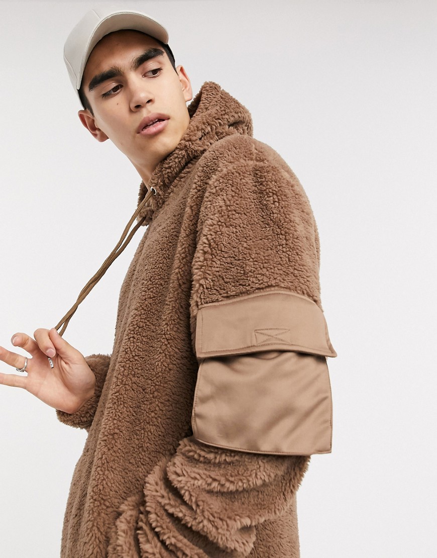 ASOS DESIGN relaxed hoodie in teddy borg with utilitiy pockets in brown