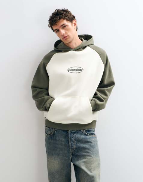 ASOS DESIGN relaxed hoodie with contrast raglan sleeves and puff print in khaki - view 1