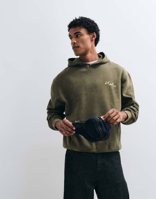 ASOS DESIGN relaxed hoodie with floral print in washed khaki, 2 of 5