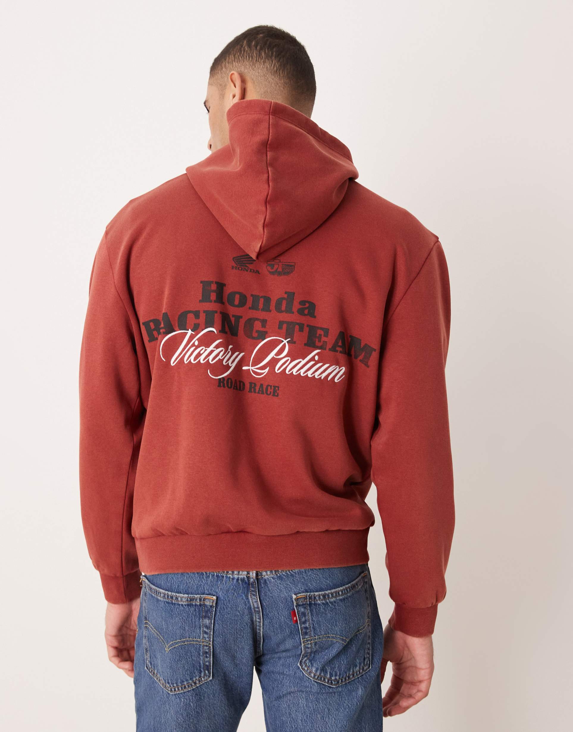 asos design relaxed hoodie with honda racing print in dark red