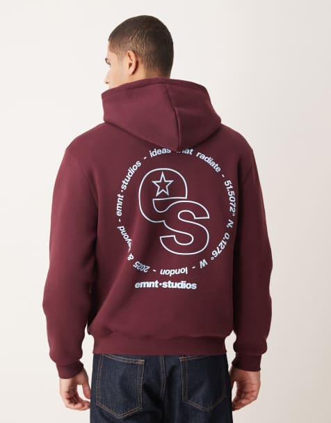 ASOS DESIGN relaxed hoodie with logo print in burgundy - view 1