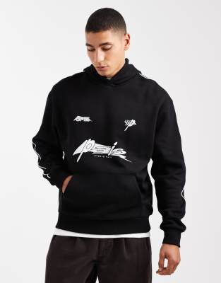 Asos Design Relaxed Hoodie With Print And Piping In Black