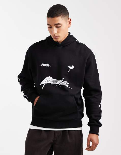 ASOS DESIGN relaxed hoodie with print and piping in black - view 1