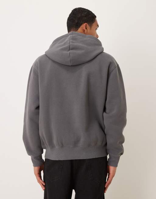 ASOS DESIGN relaxed hoodie with woven label in washed charcoal, 3 of 5