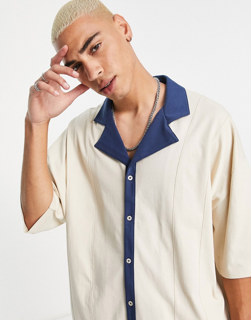 ASOS DESIGN relaxed jersey shirt in beige with navy trims-Neutral