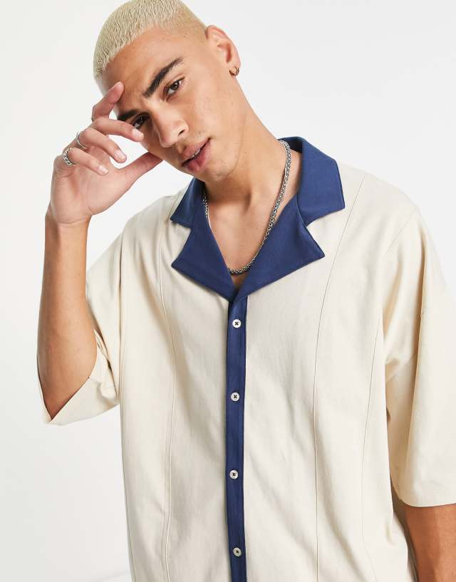 ASOS DESIGN - relaxed jersey shirt in beige with navy trims