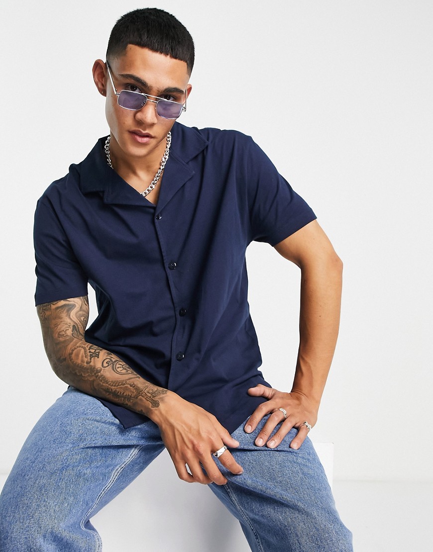 ASOS DESIGN relaxed jersey shirt with revere in navy