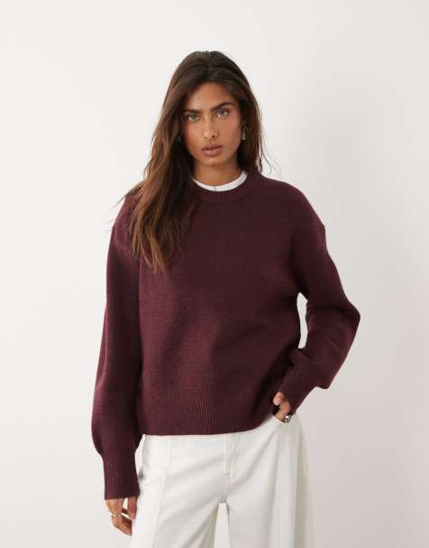ASOS DESIGN relaxed jumper with side split detail in burgundy - view 1