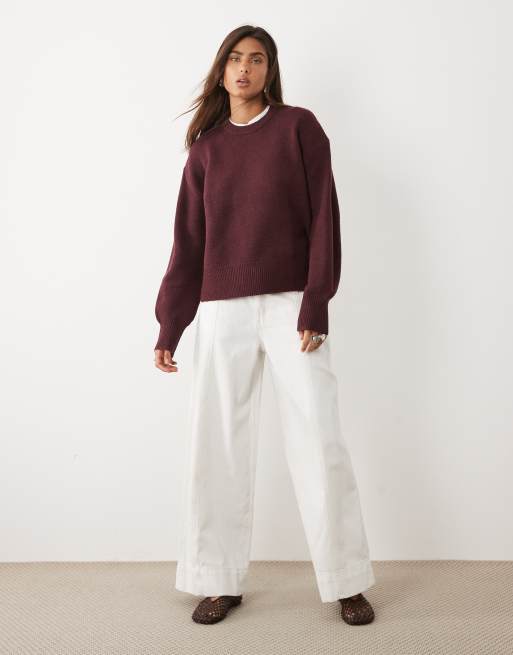 ASOS DESIGN relaxed jumper with side split detail in burgundy, 2 of 4