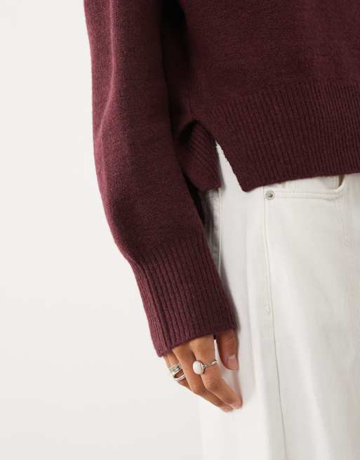 ASOS DESIGN relaxed jumper with side split detail in burgundy, 3 of 4