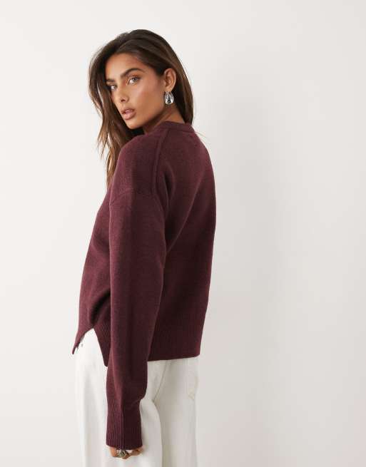 ASOS DESIGN relaxed jumper with side split detail in burgundy, 4 of 4