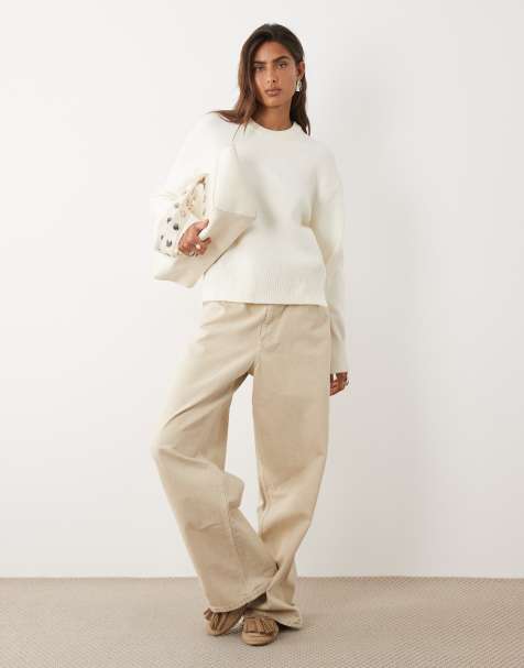 ASOS DESIGN relaxed jumper with side split detail in cream - CREAM - view 1