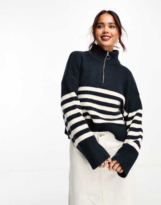 Hollister slouchy half zip striped jumper in navy