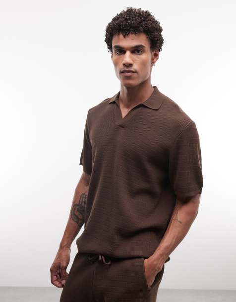 ASOS DESIGN relaxed knit airtex notch neck in brown - view 1