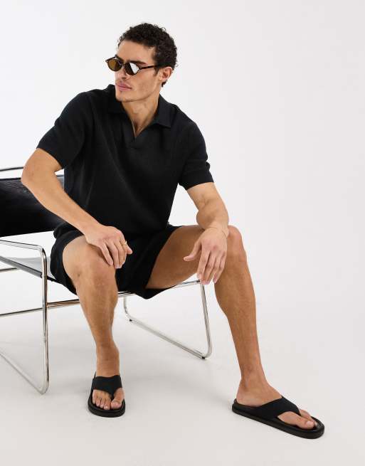 ASOS DESIGN relaxed knit airtex notch neck polo shirt in black, 2 of 5
