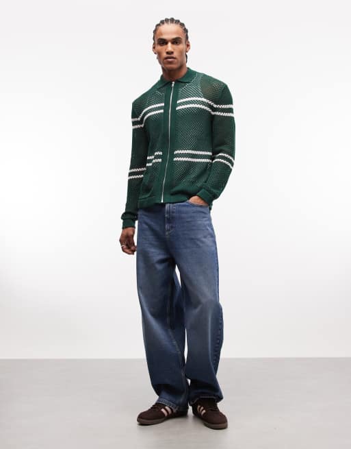 ASOS DESIGN relaxed knit airtex zip up striped cardigan in dark green, 2 of 5
