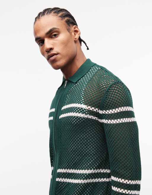 ASOS DESIGN relaxed knit airtex zip up striped cardigan in dark green, 3 of 5