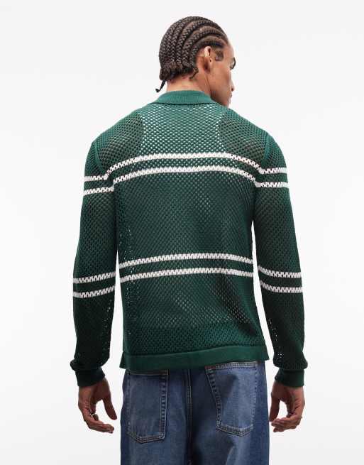 ASOS DESIGN relaxed knit airtex zip up striped cardigan in dark green, 4 of 5