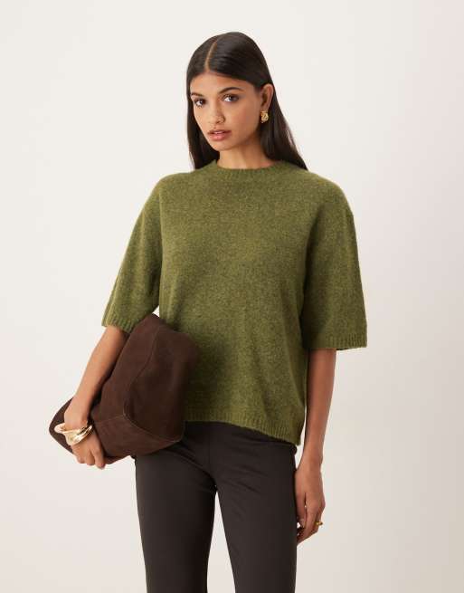 ASOS DESIGN relaxed knit alpaca T-shirt in olive