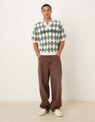 Asos Design Relaxed Knit Argyle Print Polo Shirt With Brooklyn Graphic In Green