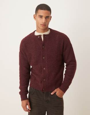 Asos Design Relaxed Knit Boucle Crew Neck Cardigan In Burgundy