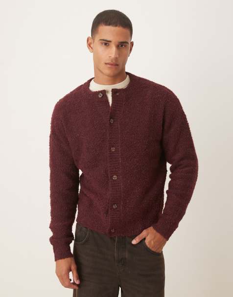 ASOS DESIGN relaxed knit boucle crew neck cardigan in burgundy - view 1