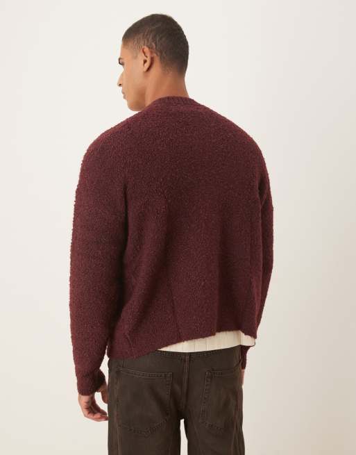 ASOS DESIGN relaxed knit boucle crew neck cardigan in burgundy , 3 of 5