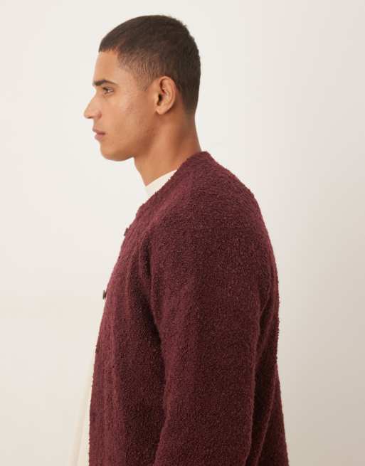 ASOS DESIGN relaxed knit boucle crew neck cardigan in burgundy , 4 of 5