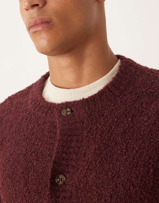 ASOS DESIGN relaxed knit boucle crew neck cardigan in burgundy , 5 of 5