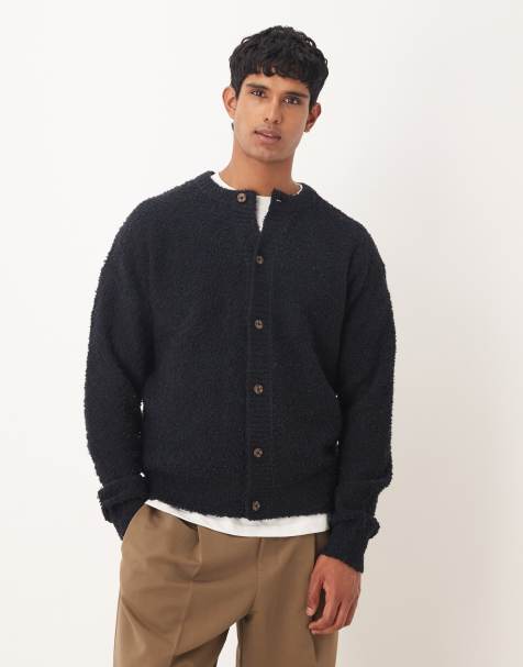 ASOS DESIGN relaxed knit boucle crew neck cardigan in navy - view 1