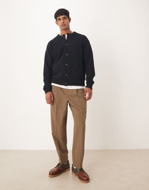ASOS DESIGN relaxed knit boucle crew neck cardigan in navy