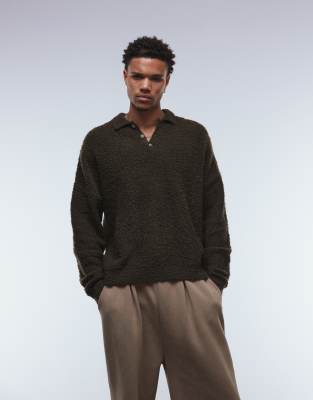 Asos Design Relaxed Knit Boucle Polo In Brown
