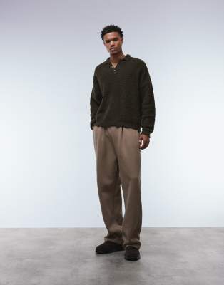 Asos Design Relaxed Knit Boucle Polo In Brown