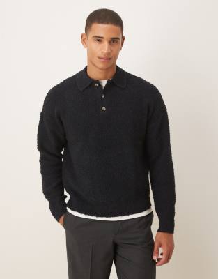 Asos Design Relaxed Knit Boucle Polo Shirt In Blue