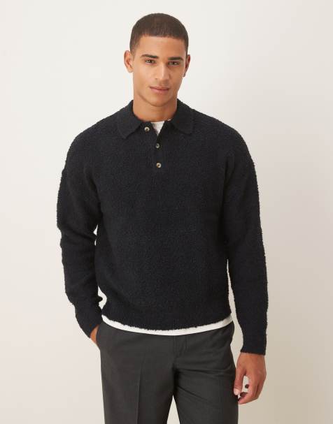 ASOS DESIGN relaxed knit boucle polo shirt in navy - view 1