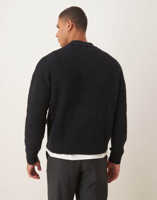 ASOS DESIGN relaxed knit boucle polo shirt in navy