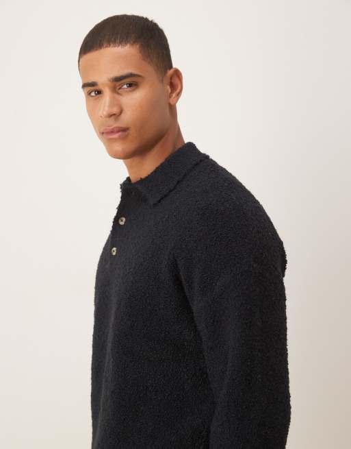 ASOS DESIGN relaxed knit boucle polo shirt in navy