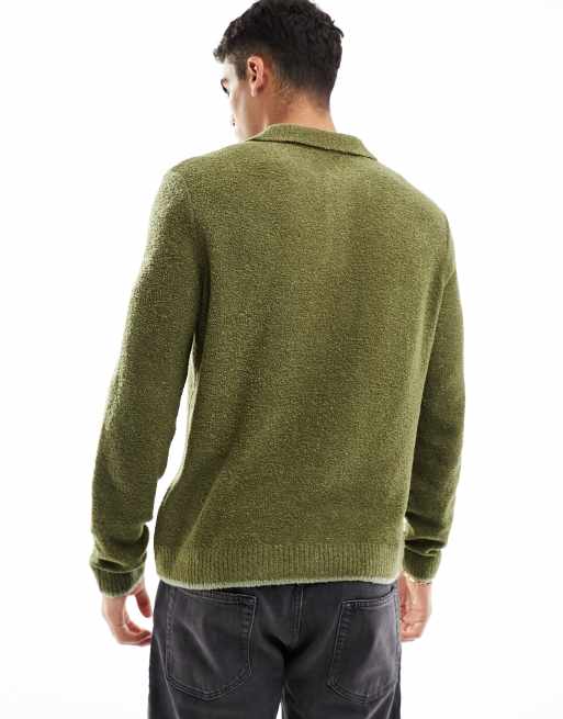 ASOS DESIGN relaxed knit boucle polo sweater in dark green