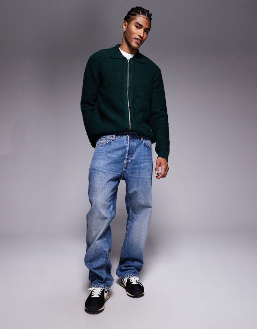 ASOS DESIGN relaxed knit boucle zip through cardigan in dark green