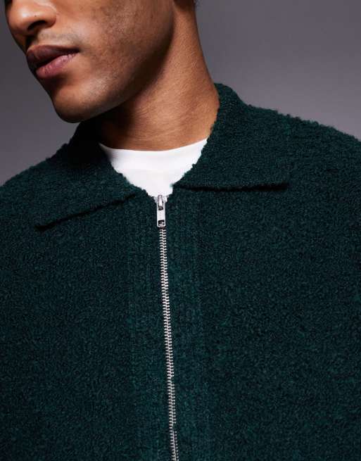 ASOS DESIGN relaxed knit boucle zip through cardigan in dark green