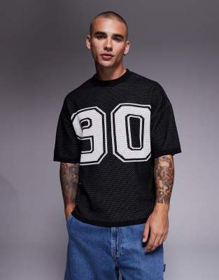 Asos Design Relaxed Knit Boxy Fit Airtex T-shirt With 90 Graphic In Black