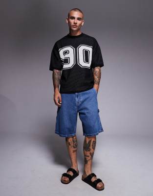 Asos Design Relaxed Knit Boxy Fit Airtex T-shirt With 90 Graphic In Black