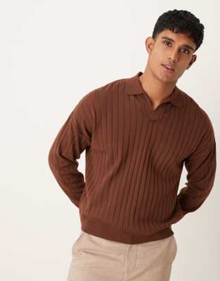Asos Design Relaxed Knit Boxy Fit Long Sleeve Ribbed Notch Neck Polo In Brown