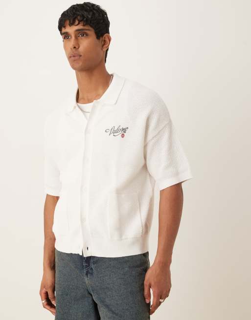 ASOS DESIGN relaxed knit button down polo shirt with chest embroidery in ecru