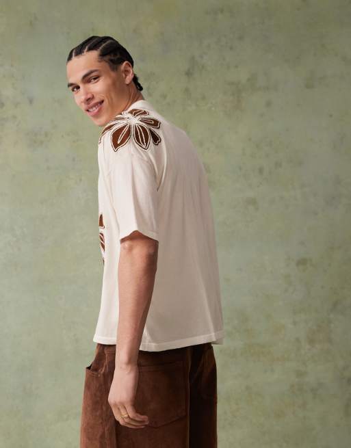 ASOS DESIGN relaxed knit button down polo shirt with floral embroidery in ecru, 3 of 4