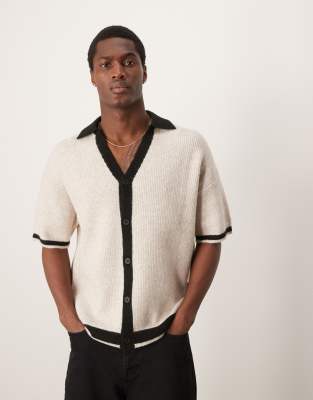 Asos Design Relaxed Knit Button Through Polo In Neutral