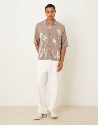 Asos Design Relaxed Knit Button Through Polo With Floral Pattern In Brown