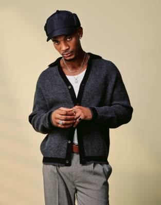 ASOS DESIGN relaxed knit button up cardigan in charcoal with contrast seams-Gray