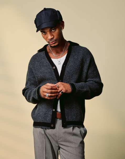 ASOS DESIGN relaxed knit button up cardigan in charcoal with contrast seams - view 1